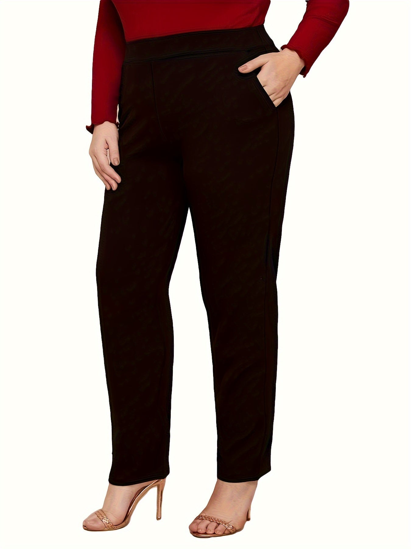 High-waisted, slim-fitting straight-leg pants for plus size, made of polyester with pockets. Ideal for Spring/Fall and machine washable.