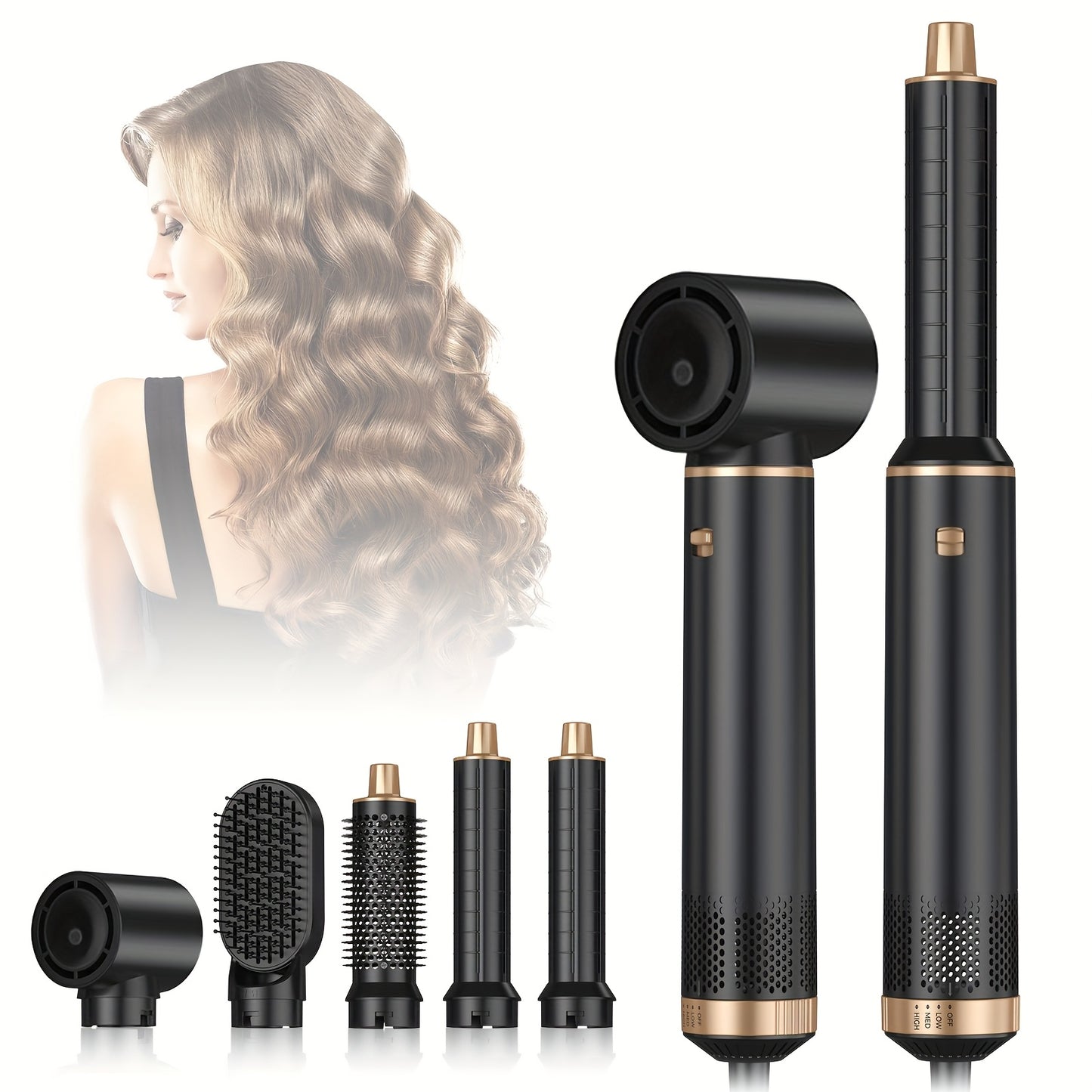 2024 updated 5-in-1 hot air brush with 800W power. Includes detachable hair dryer brush, diffuser, air curler wand, oval hair straightener brush, and hair dryer with nozzle. European