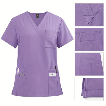 Women's polyester fitted workwear with patch pockets, straight leg pants for doctors and nurses, machine woven.