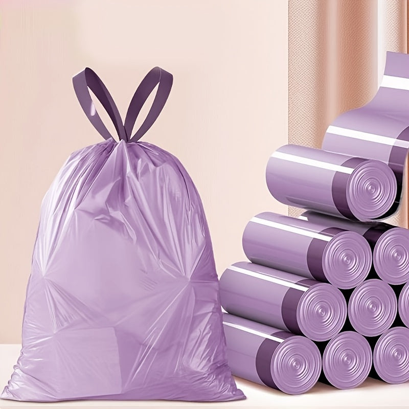 30-Pack of Extra Thick Purple Drawstring Trash Bags made of Disposable Plastic for use in the Kitchen, Bathroom, Bedroom, Dorm, RV, and Home. These Hand Carry Waste Bags are perfect for the Living Room, Toilet, and Car.