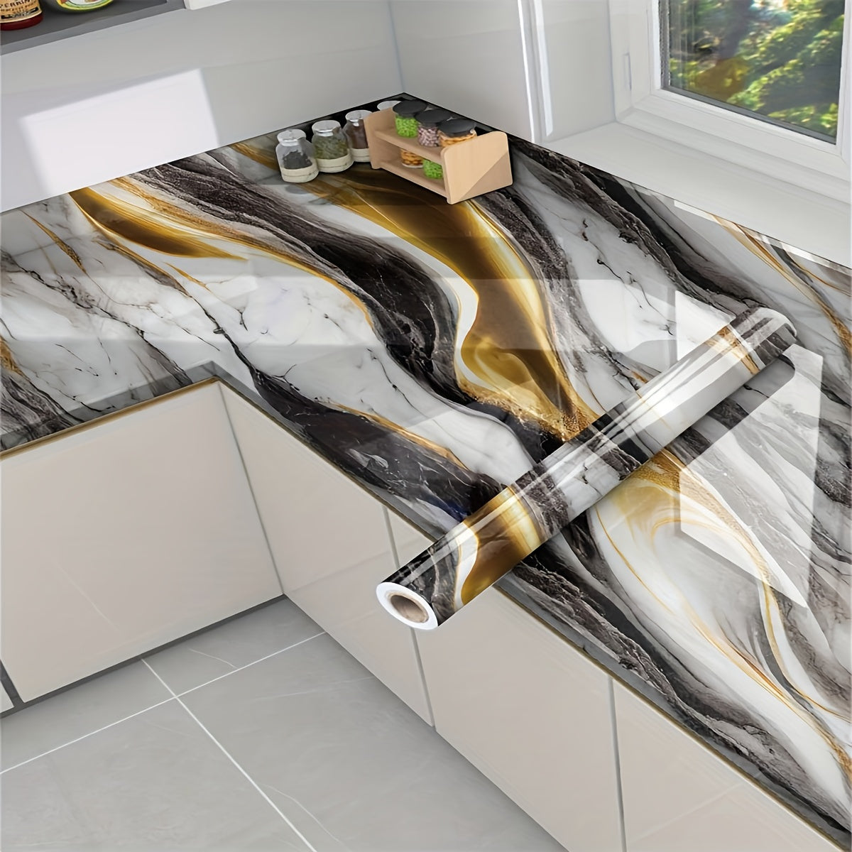 Self-adhesive Granite Marble Wallpaper, Kitchen Oil-proof, Waterproof, High Temperature Resistant Aluminum Foil Background Wall.