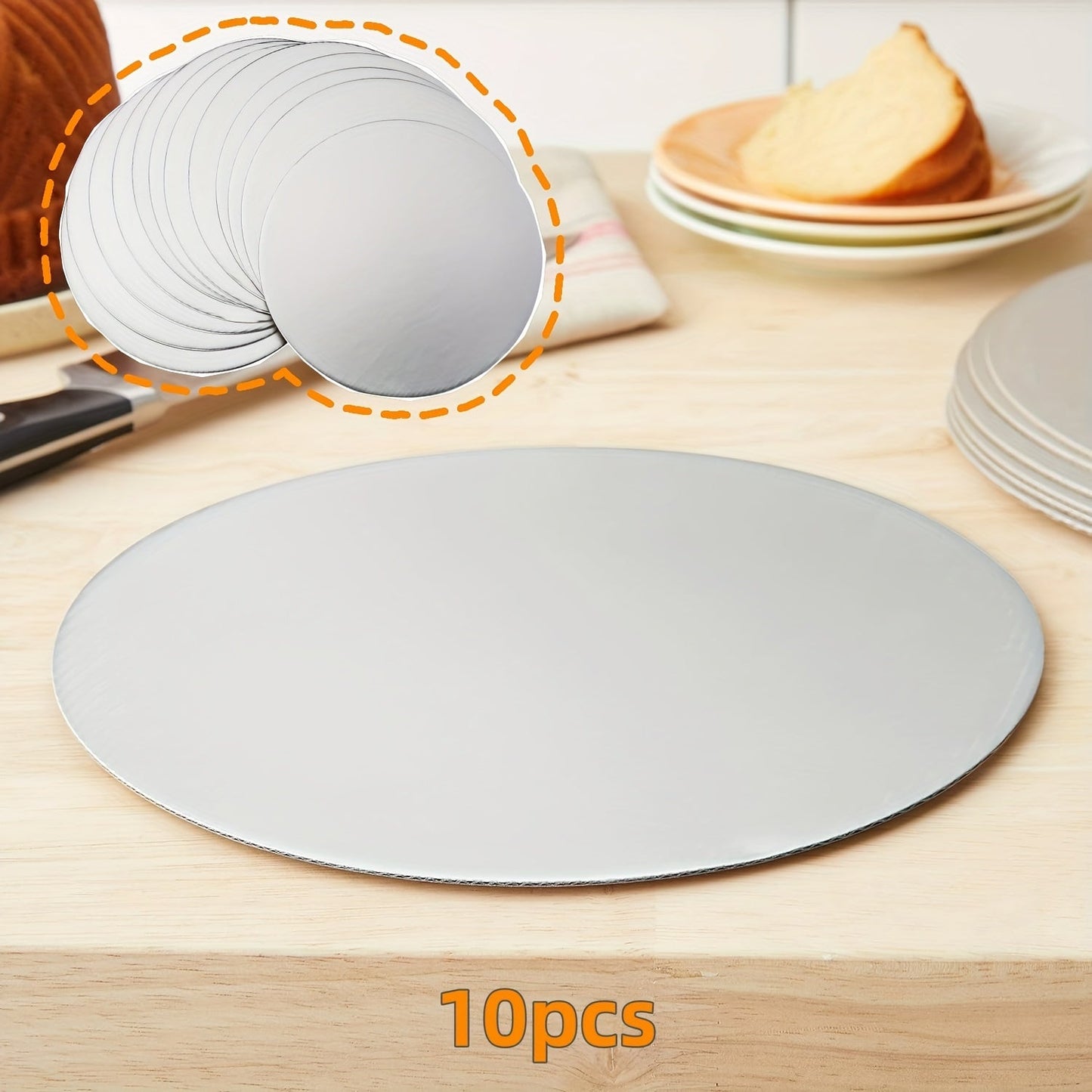 10 pieces of round silvery cake boards, perfect for use as disposable bases for cakes. These grease proof cake plates are ideal for showcasing cakes at events such as New Year parties, weddings, and birthday celebrations. They are also great for