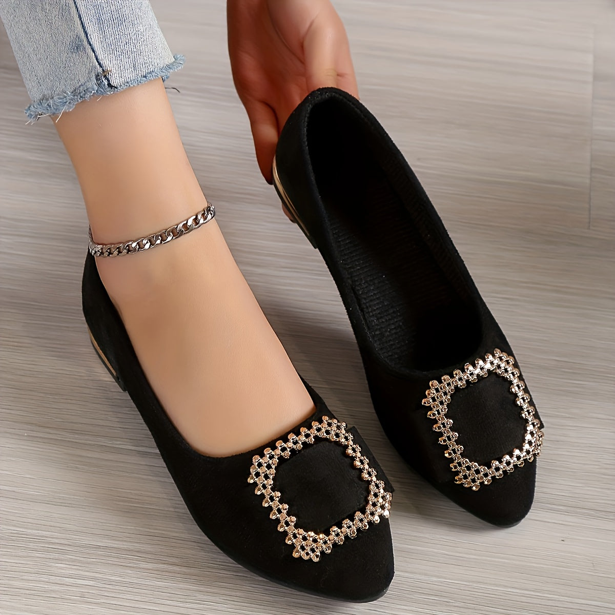 Elegant slip-on flats for women with Korean style design, pointed toe, sparkling buckle detail, lightweight fabric upper, and rubber sole. Perfect for students and style enthusiasts in