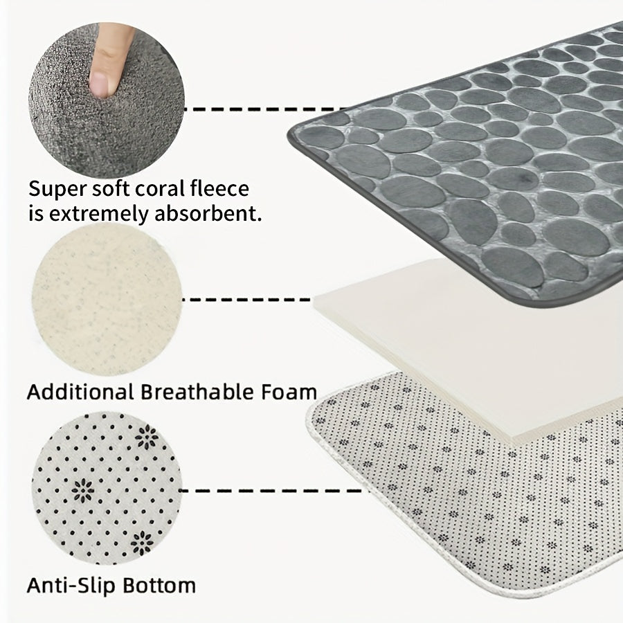 Quick-Dry Pebble Bath Mat, Thick Non-Slip Sponge Floor Mat for Bathroom, Machine Washable, Soft Coral Fleece - Ideal for Home Decor in Kitchen, Laundry Room, Bedroom, and Bathroom.