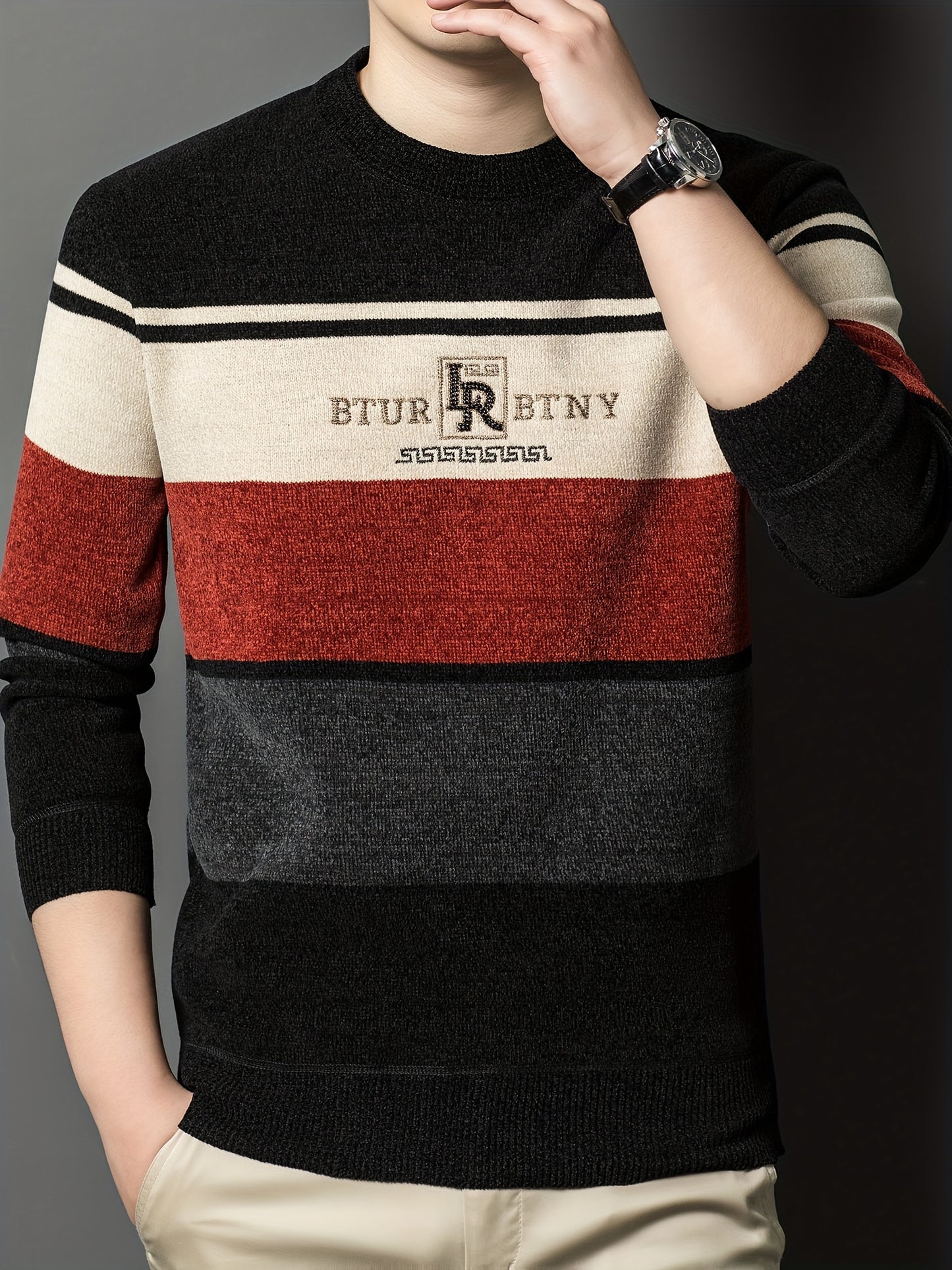 Men's winter crew neck sweater with striped design, thick polyester material, casual round neck, regular fit, long sleeves, ribbed hem and cuffs, fashionable letter pattern, provides winter