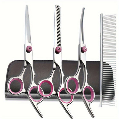 Stainless Steel Pet Grooming Scissors Set with Safe Rounded Tips for Dogs & Cats, Easy-to-Use, Includes Cleaning Tools