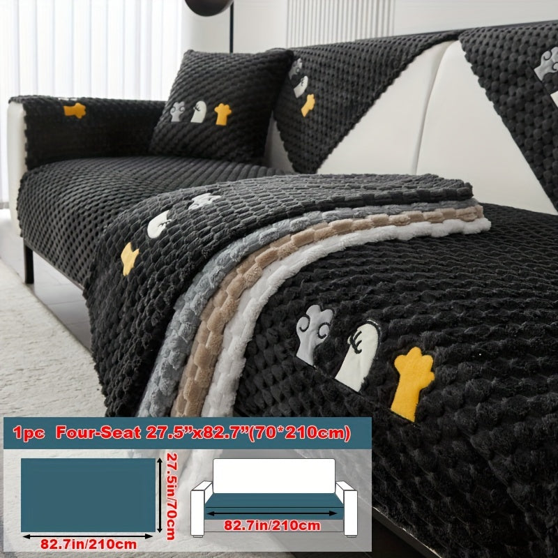 Modern honeycomb fleece sofa cover with embroidered design, pet-friendly protection for furniture, plush slipcover for various sofas. One-piece design with anti-slip backing for home and office decor.