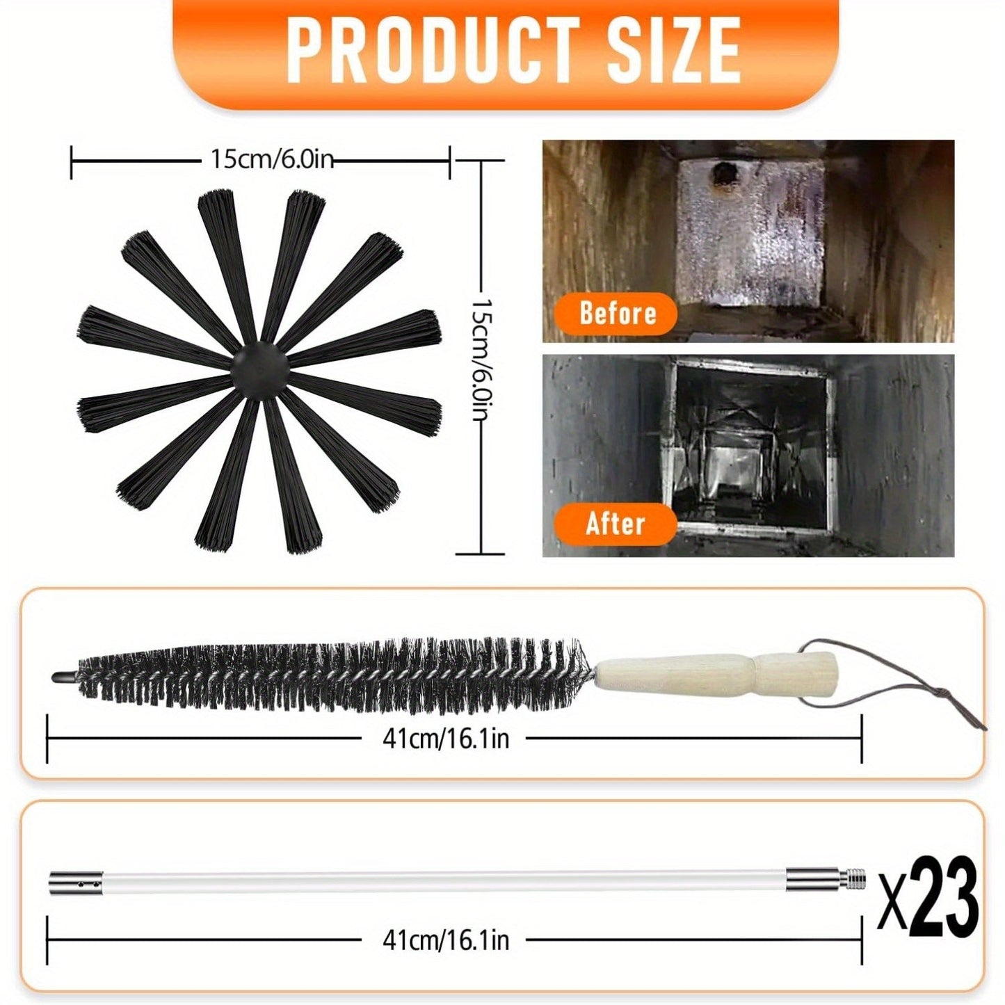 Chimney Sweep Kit for 9.14 Meters, includes Dryer Vent Cleaner and 23 Nylon Rods. Rotary Chimney Cleaning System designed for Flue, Fireplace, Sewage Pipe, and Fume Hood. Features Reusable Plastic Chimney Brush Set.