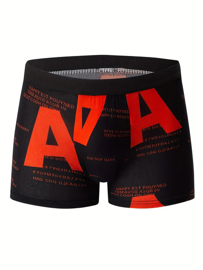 1/6pcs Men's breathable boxer briefs with letter patterns, quick-drying, four-way stretch, knitted polyester fabric for everyday and casual wear.