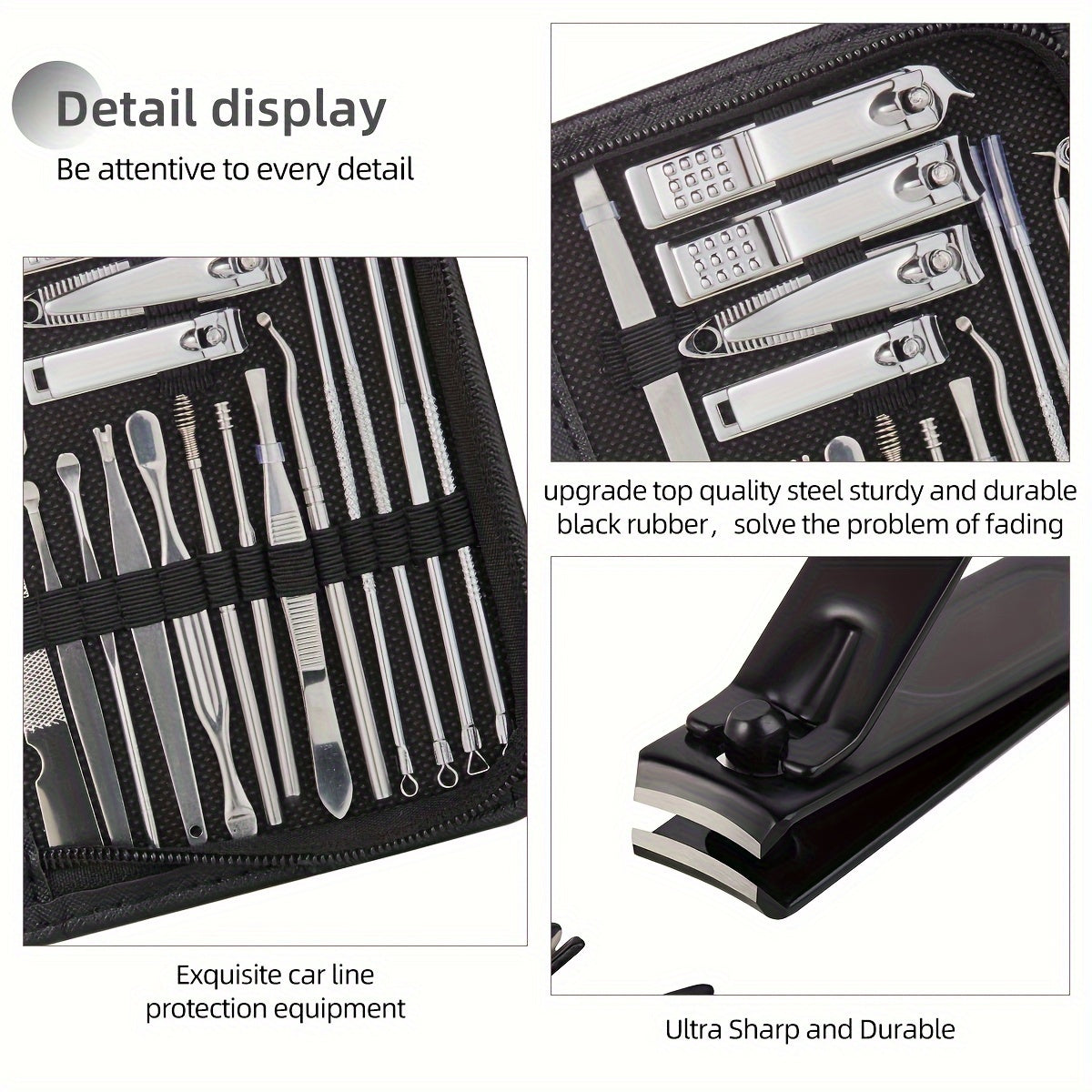 32-piece professional stainless steel manicure trimming kit with nail clippers and tools.