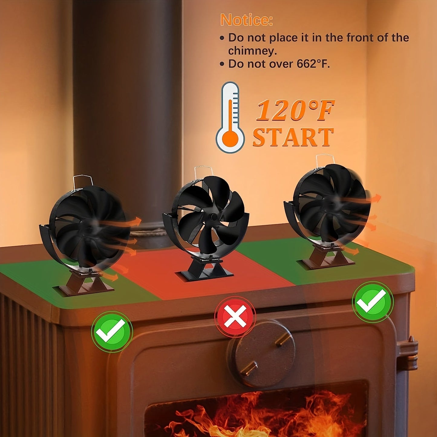 Introducing the EFGHONG Heat Powered Wood Stove Fan - a 6 blade aluminum table fan designed for efficient air circulation. This portable, no-electricity accessory features a brushed finish and multiple components for easy use with your fireplace.