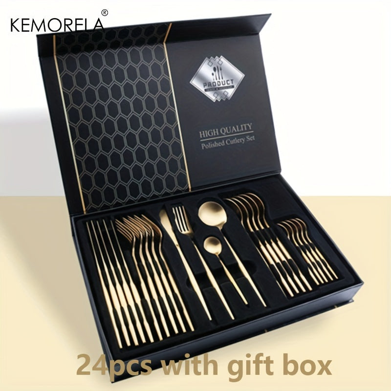 24-piece luxury stainless steel cutlery set, dishwasher safe.