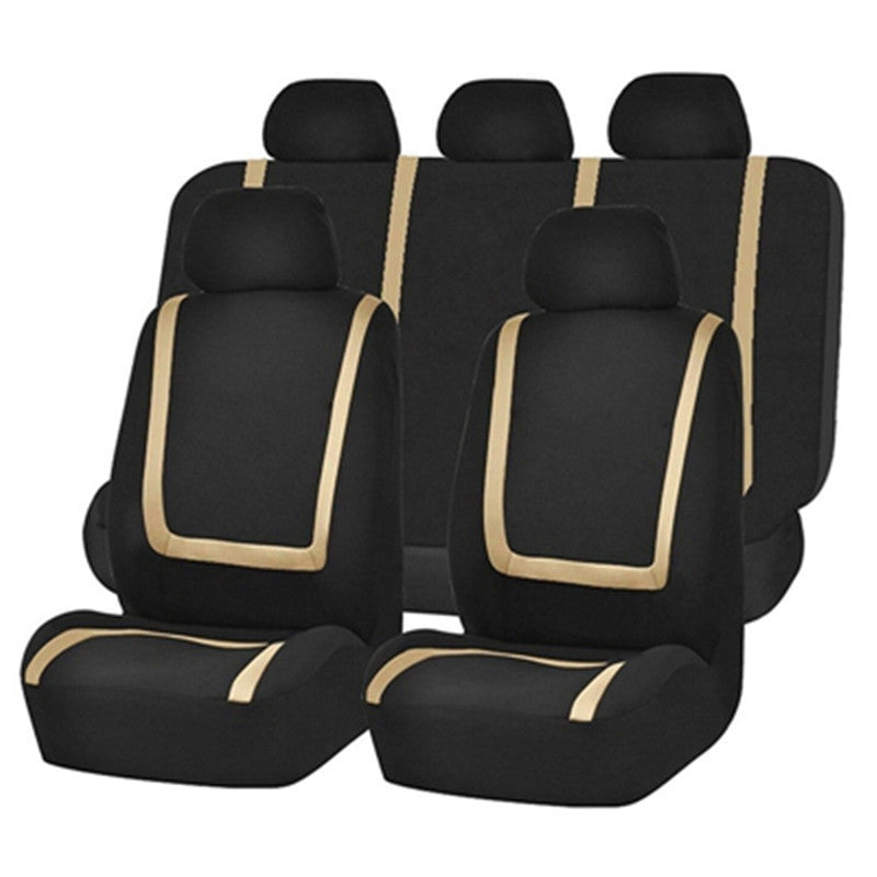 Nine-piece car seat set with patchwork design.