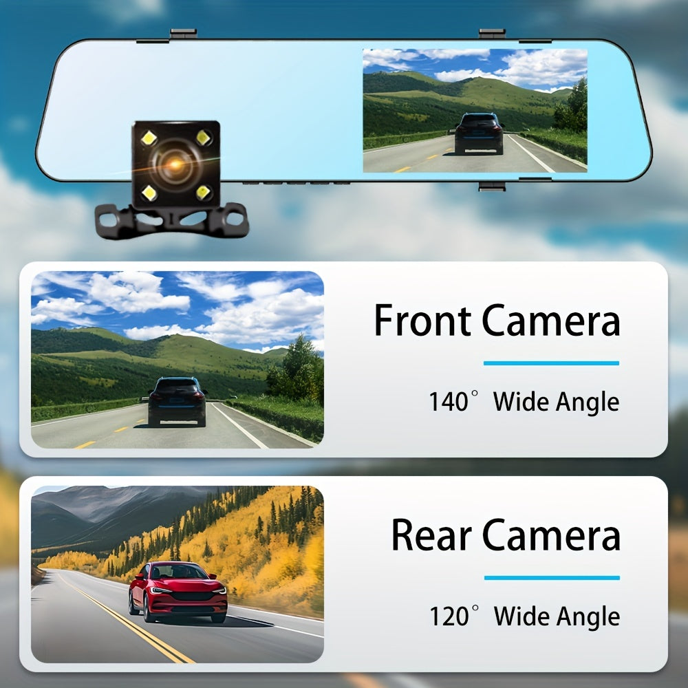 5-inch screen dash camera for cars with front and back recording, loop recording, and wireless capabilities. Mirror dash cam with DVR.