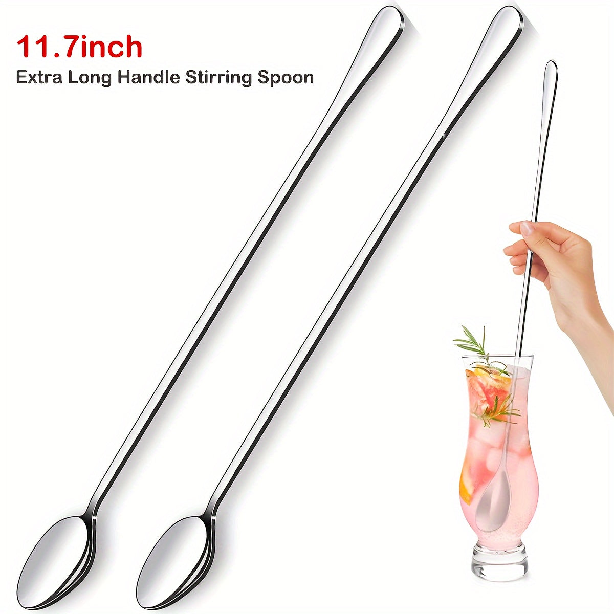 Set of 2 long-handled stainless steel iced tea spoons, perfect for stirring drinks in various settings. Dishwasher safe with a mirror finish.