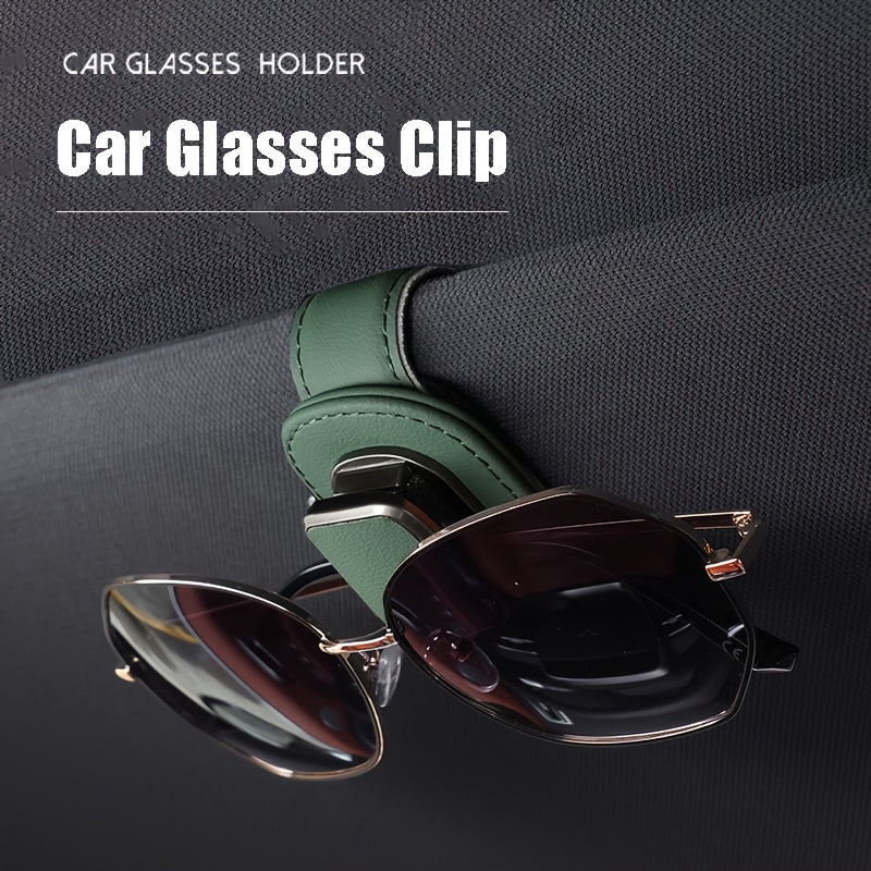 High-quality faux leather car sun visor clip with sturdy glasses holder, universal fit for dashboard and console storage.