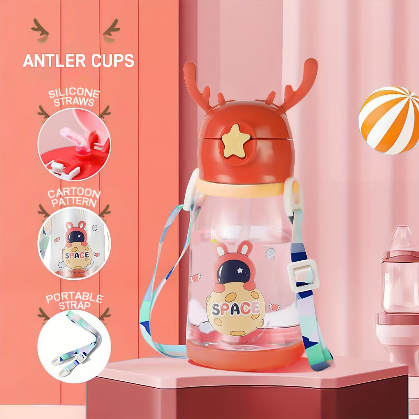 Charming 600ml Kids' Water Bottle Shaped Like Antlers with Straw - Spacious, Sturdy & Eco-Friendly, Great for Both Boys & Girls, Comes with Convenient Carry Strap - Fantastic Gift for Birthdays or Holidays