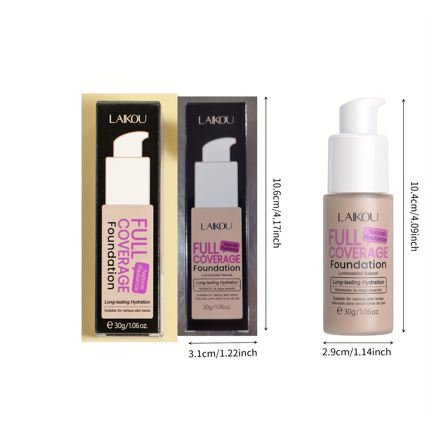 LAIKOU Full Coverage Foundation: Moisturizing, buildable concealment in 6 shades. Infused with hyaluronic acid & pear powder. Suitable for all skin types. Waterproof and pore-minimizing.