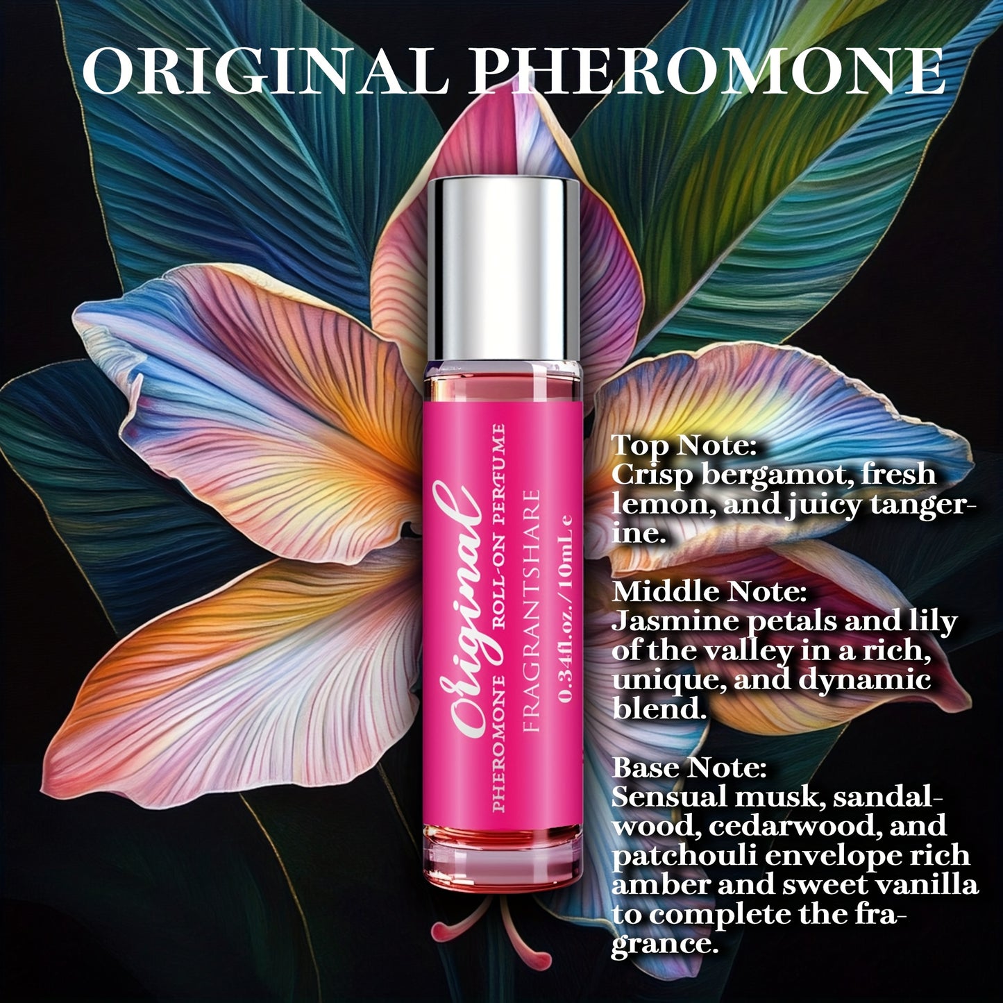 Pheromone cologne for women in a 0.34fl.oz roll-on, long-lasting confident scent, alcohol-based with floral fragrance, perfect for travel or gifts.