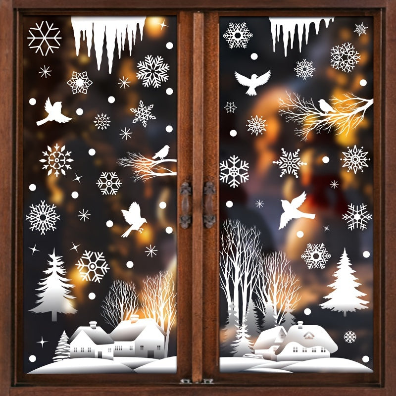 Set of 74 Christmas and New Year Window Clings featuring Snowflake and Woodland Cabin Designs for Festive Home Decor.