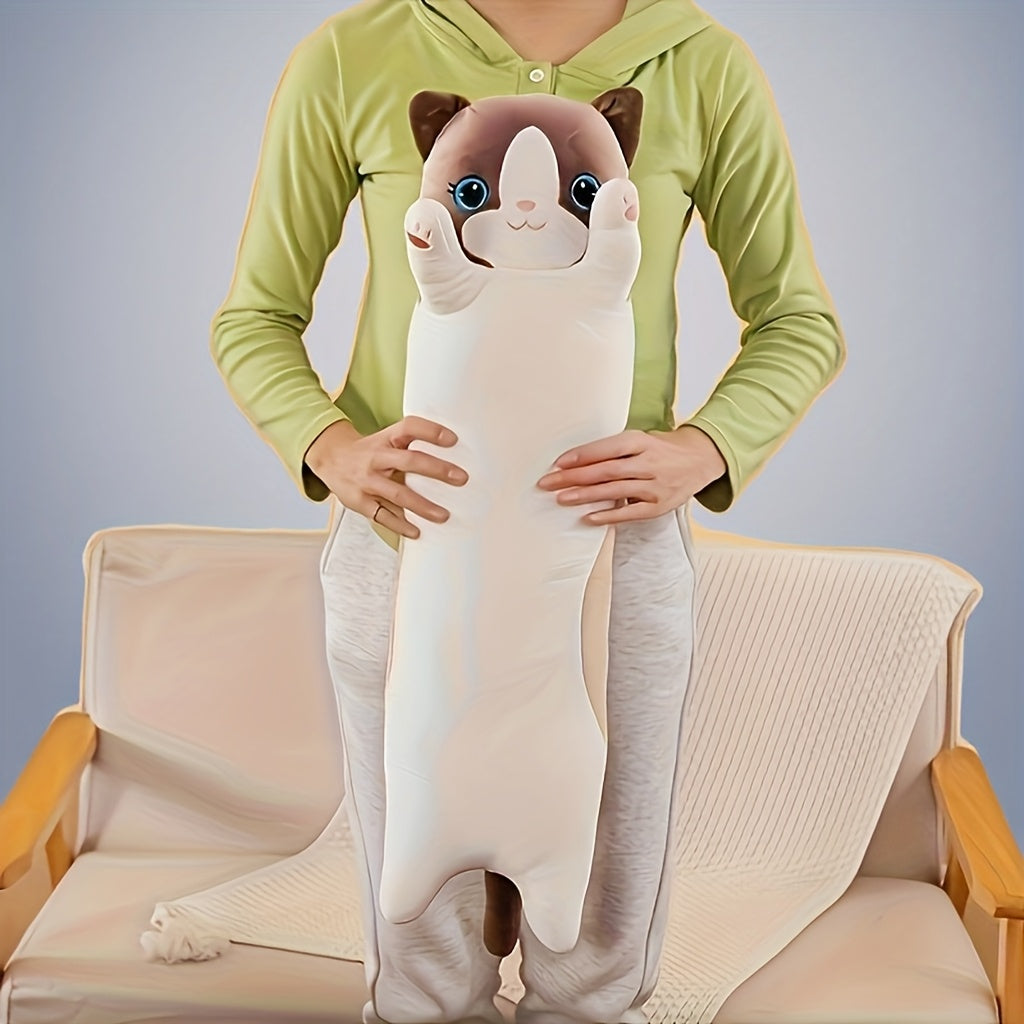 Adorable Cartoon Cat Plush Long Hug Pillow made of soft polyester, suitable for small dogs & cats. Ideal sofa companion.