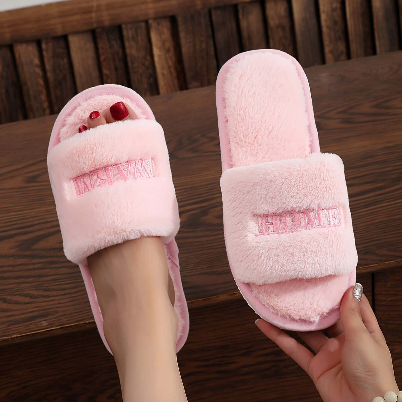 Women's Plush Faux Rabbit Fur Slippers in Soft Pink & Grey with "Home" Detail, Cozy Open-Toe Slip-On Design for Indoor Comfort. Luxurious House Shoes for Lounge or Bedroom.