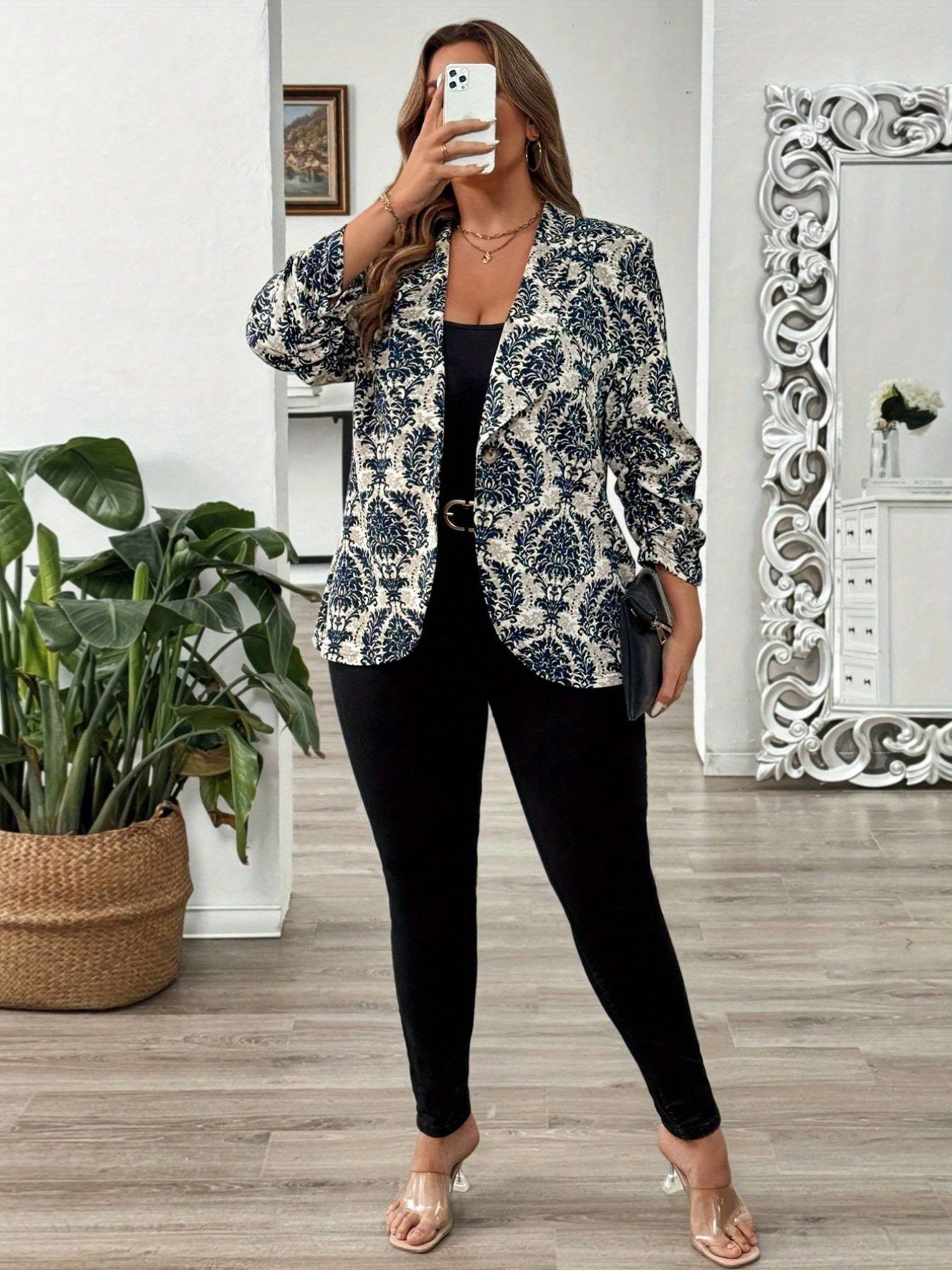 Floral Print Single Breasted Blazer with Gathered Sleeves for Plus Size Women, ideal for Work and Office Wear.