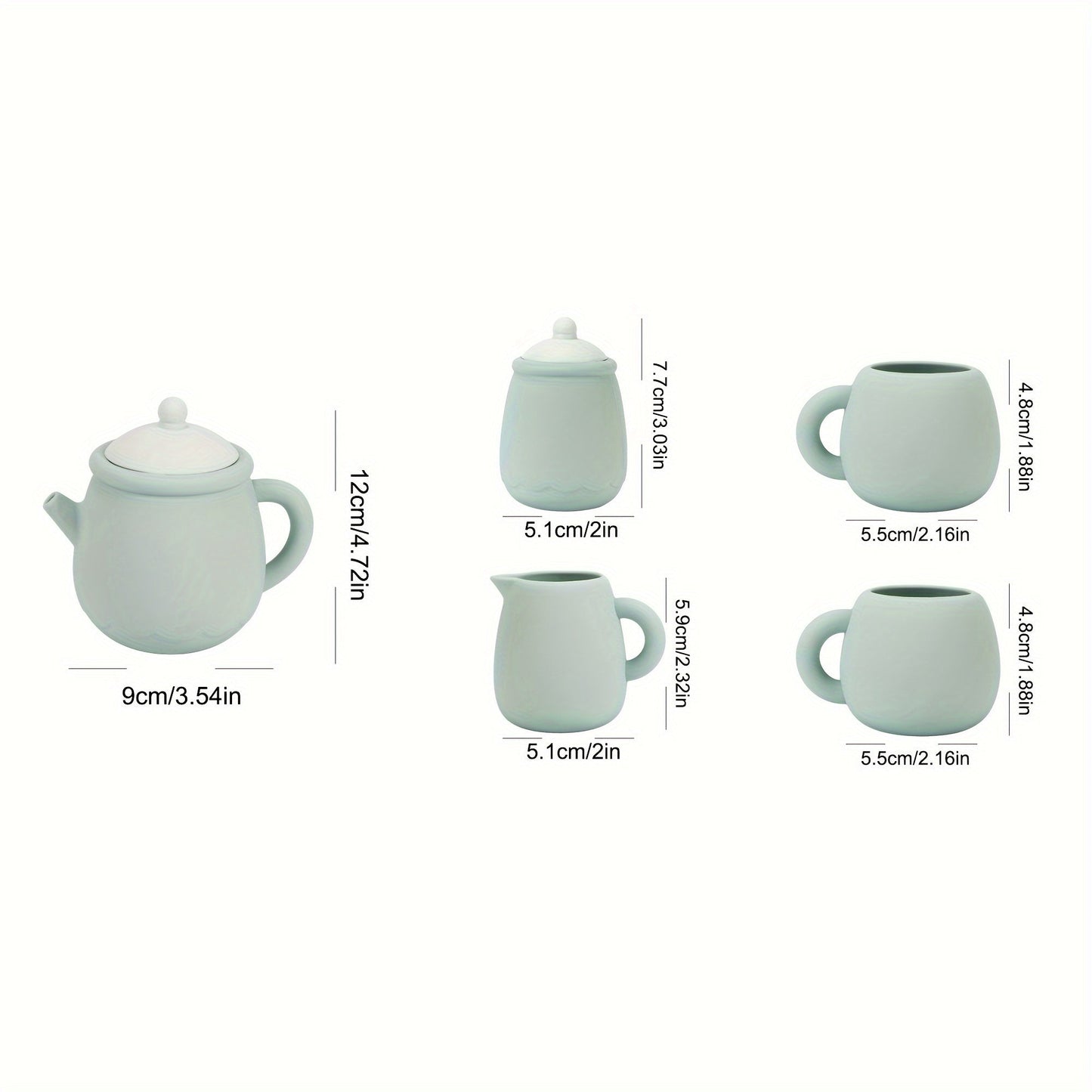 Set of silicone kitchen toys free of BPA, including a non-toxic tea cup. Perfect for pretend play for baby, children, and kids. Ideal for girls and boys, these soft silicone feeding cups also serve as early education toys. Includes miniature items and