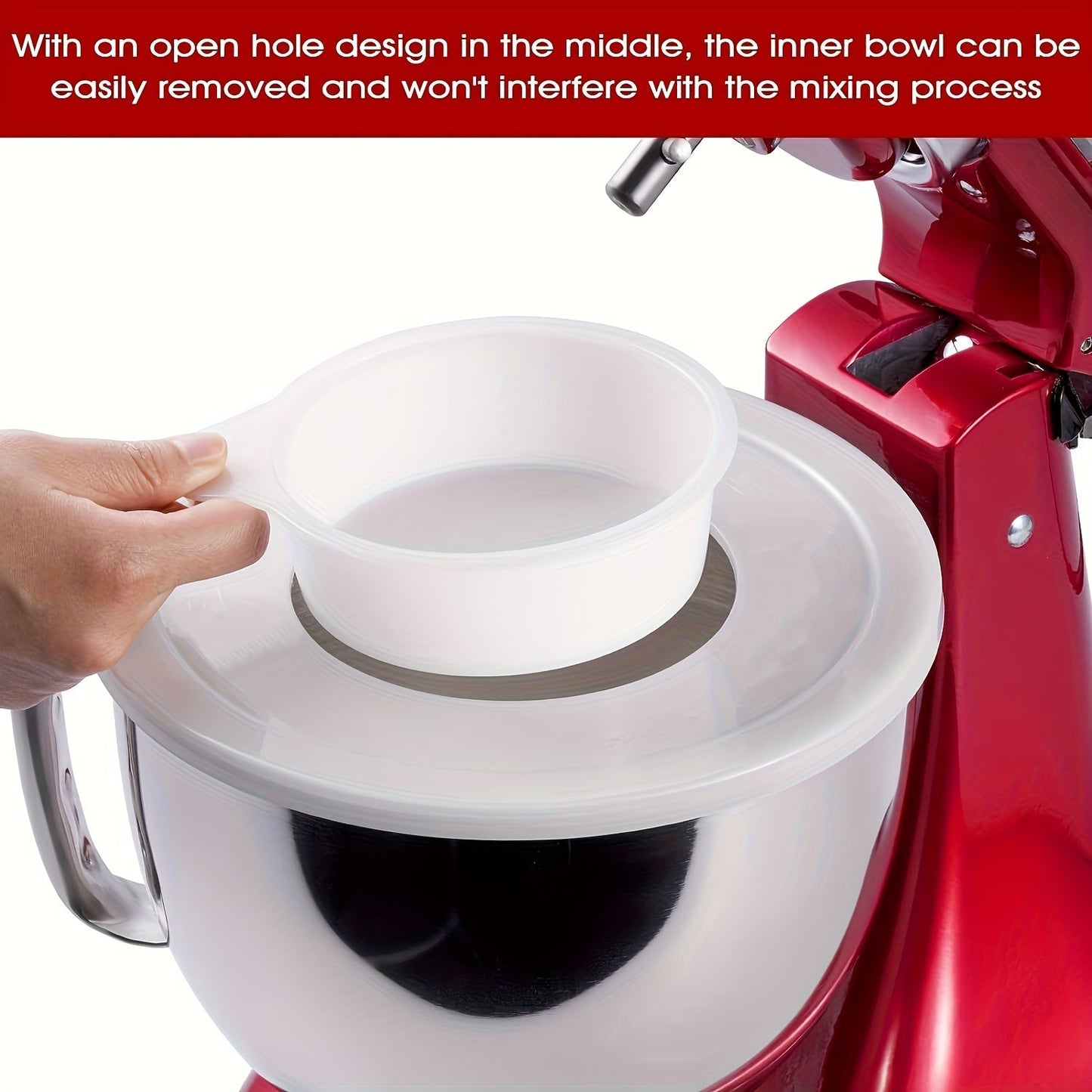 One piece of a kitchen appliance brand's 4.5-5 Quart Tilt-Head Stand Mixer Splash Guard with Dump Window, designed to prevent ingredient spills and dishwasher safe.