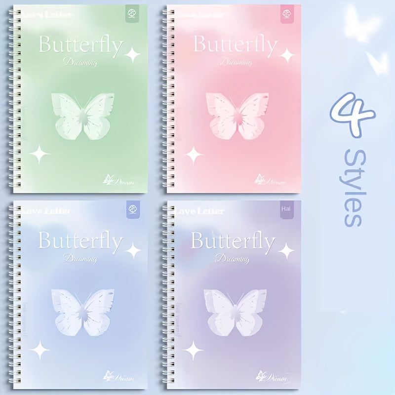 Set of 4 A5 butterfly dream coil notebooks with wide ruled spiral design, durable high-quality paper, lay-flat 360° design, cute and stylish for writing and notes.