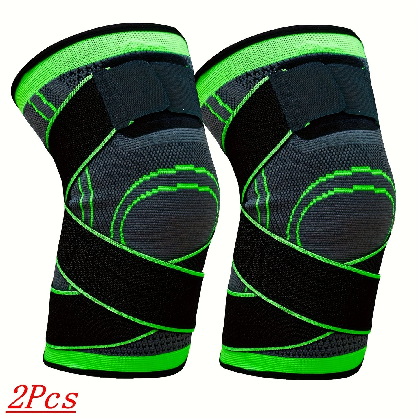 High-elastic compression knee braces in black/red/green stripes for men and women, perfect for running, cycling, fitness, weightlifting, and climbing. Features adjustable strap wrap and