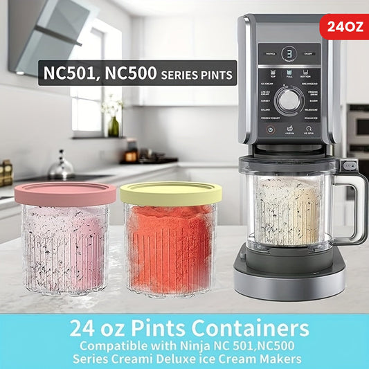 Get a set of four 24oz plastic replacement cups with lids for your ice cream maker, designed to fit Ninja NC501 NC500 series. These reusable, BPA-free, non-stick containers are dishwasher safe and perfect for storing food.