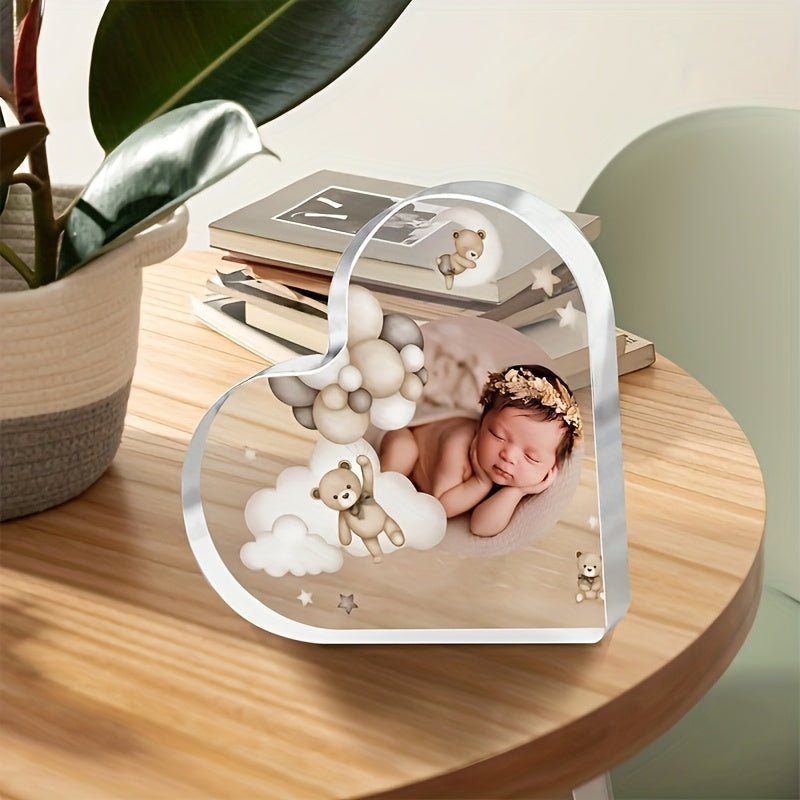 Customizable Acrylic Heart Photo Frame featuring Teddy Bear Design, Perfect for Teens 14+. Makes a Meaningful Gift for Sons and Daughters. Display your precious memories in style!