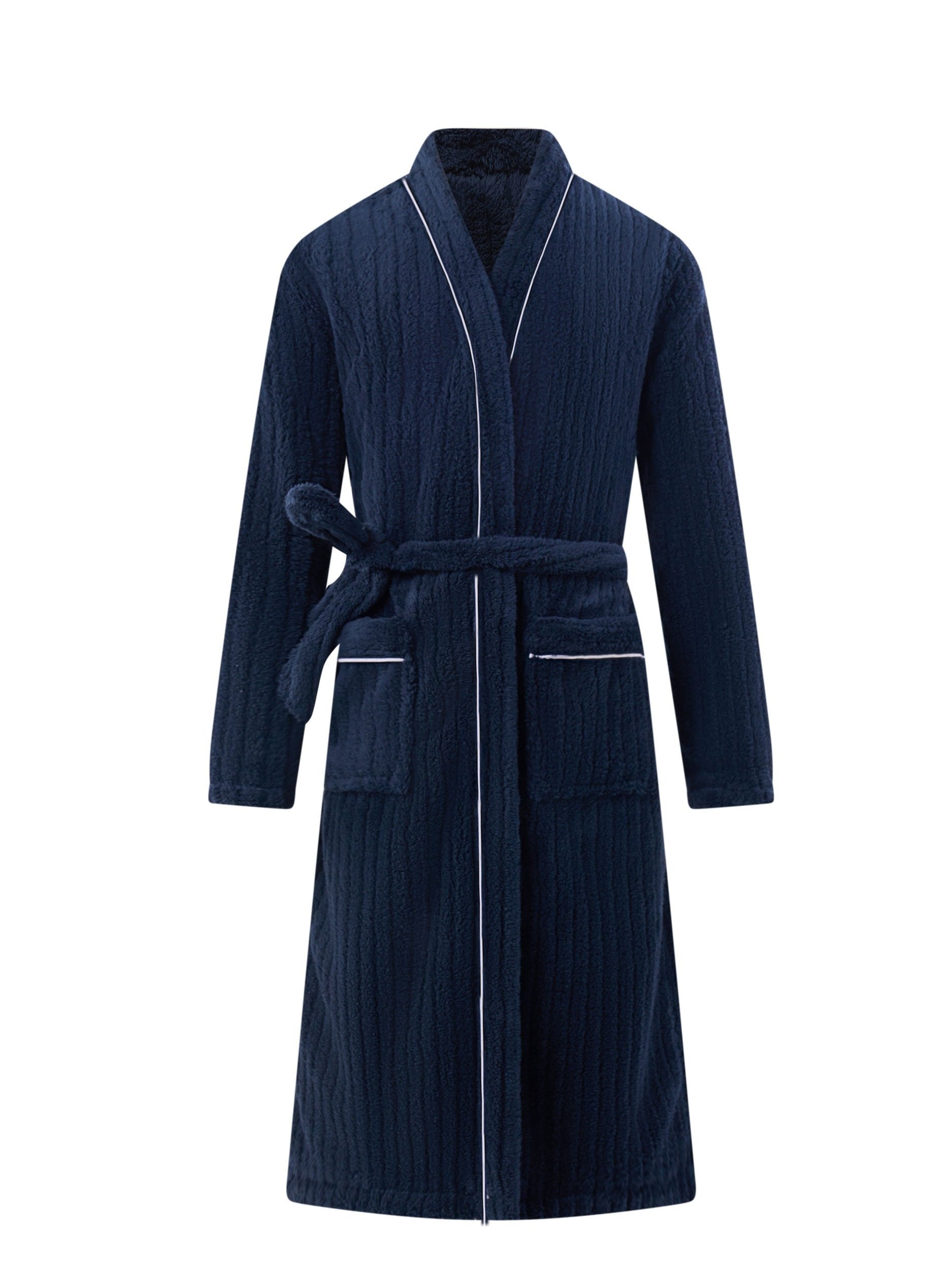 Men's Long Bathrobe - Winter Fleece, V-Neck, Belted, Hand Washable, Knitted Fabric