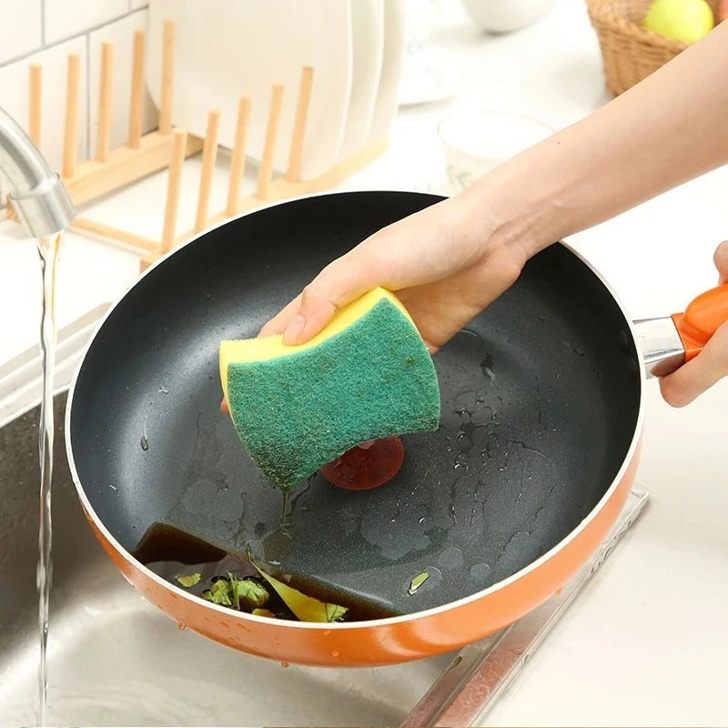 Polyurethane Dual-Sided Cleaning Sponges, in packs of 10, 12, or 24. Yellow-Green color, offering strong decontamination for use outdoors, in the kitchen, on the patio, and on furniture.