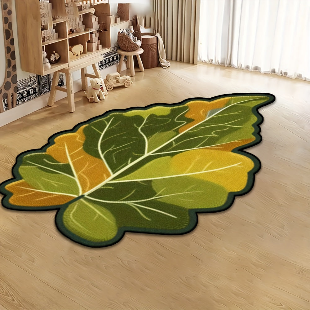 Cozy Green Leaf Pattern Area Rug with Soft Feel - Unique Irregular Shape, Non-Slip, Easy to Clean in Washing Machine. Perfect for Living Room, Bedroom, or Coffee Shop Décor.