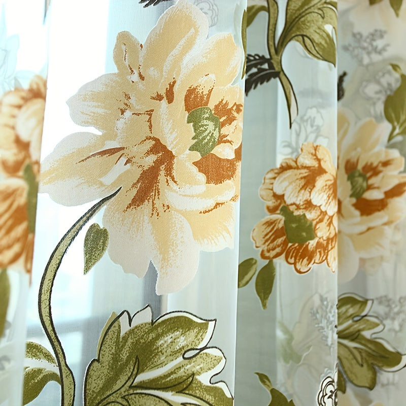 Beautiful Floral Tulle Sheer Curtain Panel - Made of Lightweight Polyester, Features Rod Pocket Design, Stunning Purple & Yellow Flowers Pattern Perfect for Living Room Decor, Enhances Natural Light in the Room| Includes Rod Pocket Valance|Crafted with