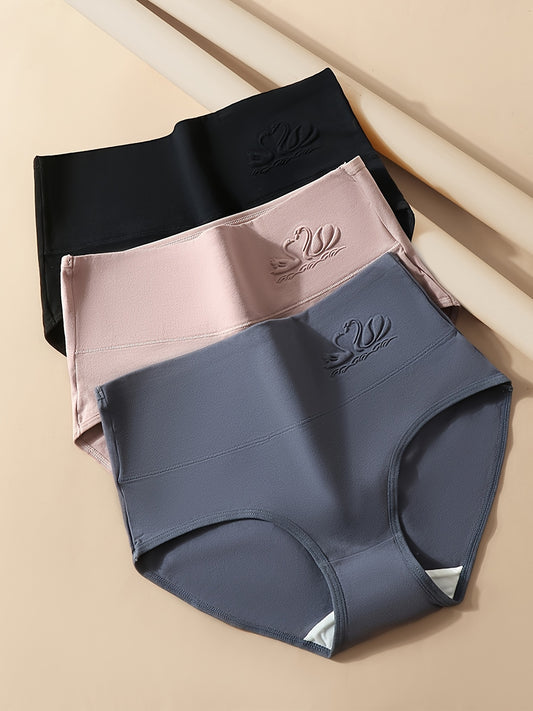 Three high waist solid panties, comfortable and stretchy with breathable fabric. Women's lingerie and underwear.