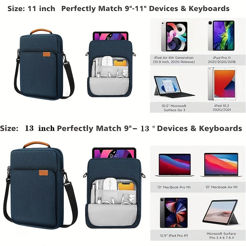 Durable polyester laptop bag, waterproof and shockproof, with lightweight shoulder strap and rolling function. Fits tablets up to 27.94cm and laptops up to 33.02cm, compatible with MacBook