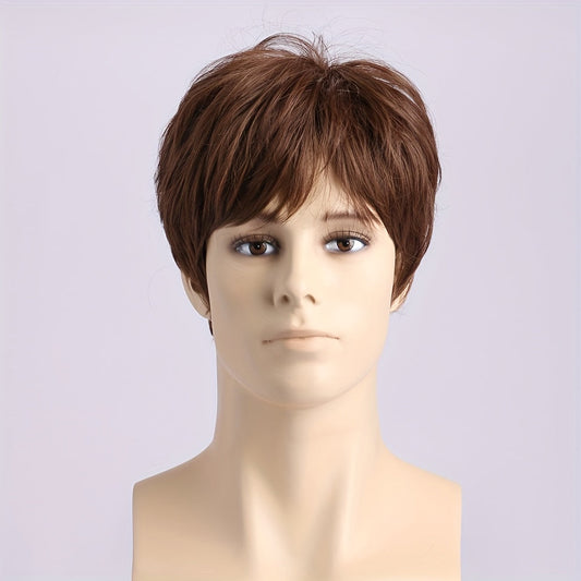 Fashionable short curly brown wig for men with side bangs - made of 25.4cm synthetic fiber, heat resistant for everyday use and party costumes.