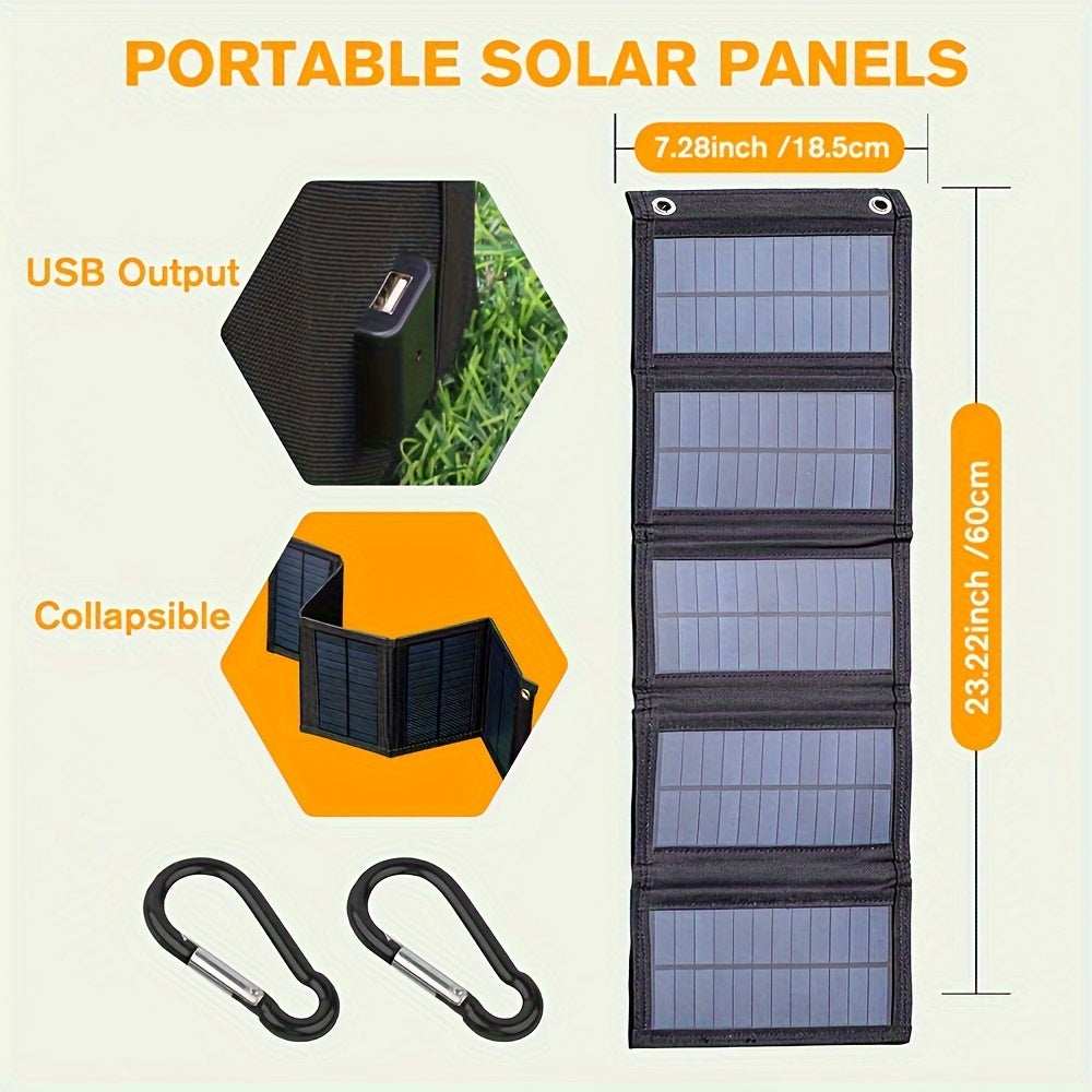 1x 35W Portable Solar Folding Charger Bag with USB 5V Output. Lightweight, foldable design for outdoor, camping, and emergency use. Compatible with all phones. Made of TPE material.