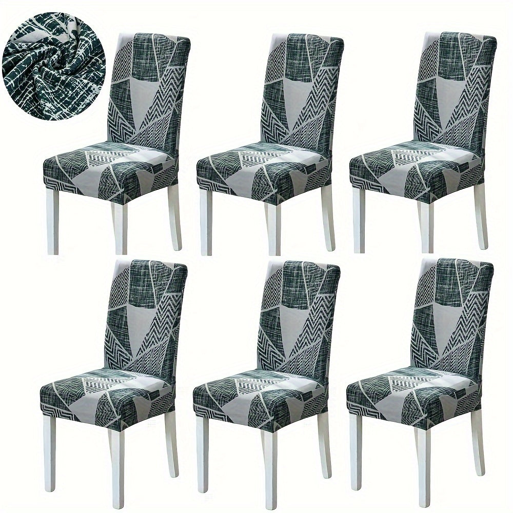 Set of 4/6 elastic dining chair slipcovers with geometric print for home, hotel, restaurant, banquet decor protection.