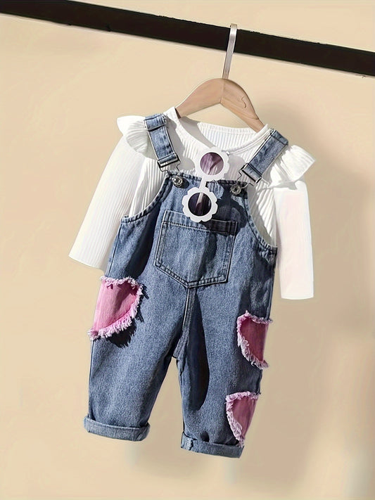 Baby girls' cotton long ruffle sleeve top with suspender denim pants, perfect for spring and fall.