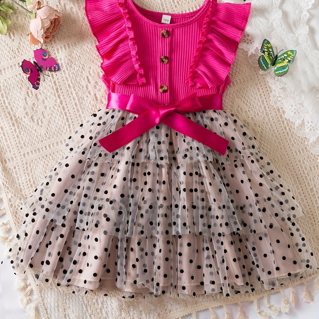 Kids' Summer Polka Dot Tulle Princess Dress, A-Line Fairy Style with Button Accents, 65% Polyester Non-Stretch Fabric