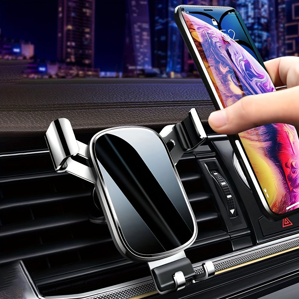 Car air vent hook gravity phone holder with black mirror panel, ABS material, adjustable mounting for air conditioner outlet, waterproof - 1 piece.