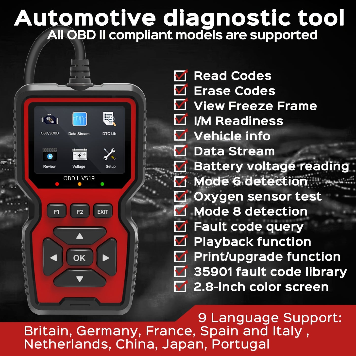 V519 OBD2 Scanner - Advanced diagnostic tool for check engine light, live data, and emissions tests. Works with most vehicles with user-friendly interface and comprehensive display.