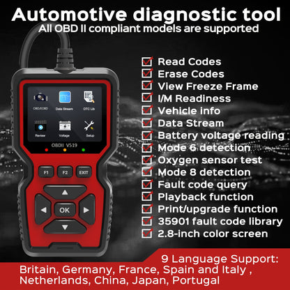 V519 OBD2 Scanner - Advanced diagnostic tool for check engine light, live data, and emissions tests. Works with most vehicles with user-friendly interface and comprehensive display.