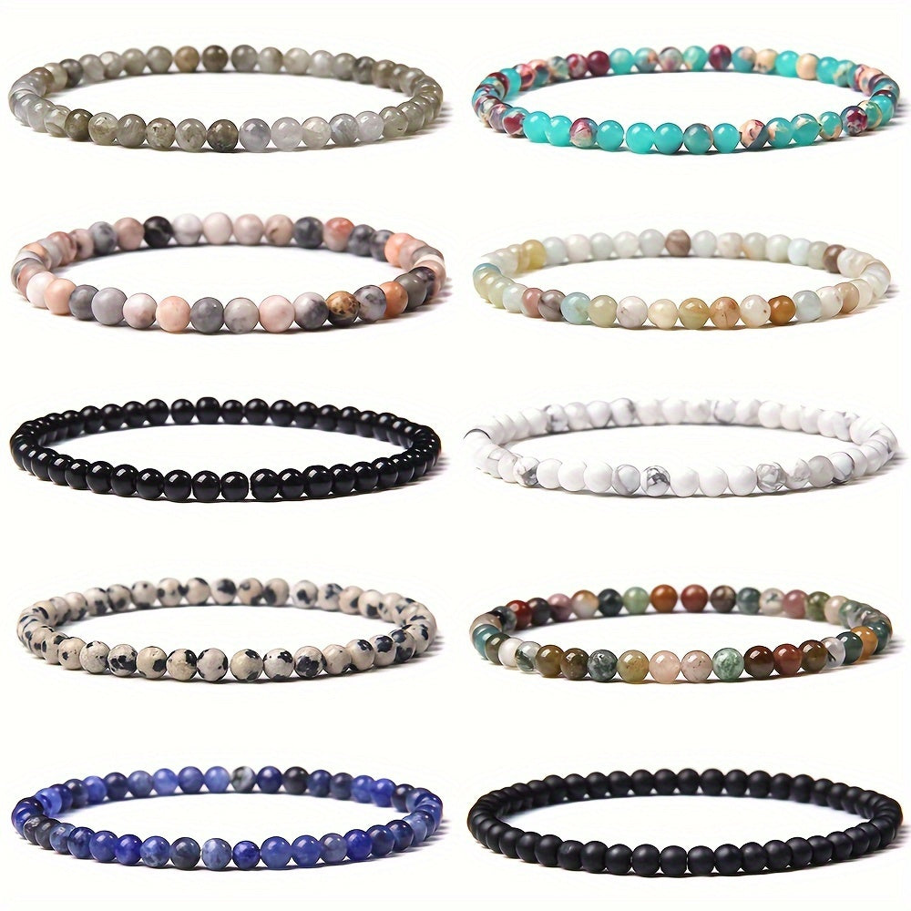 Set of 10 Boho Chic Natural Stone Beaded Bracelets featuring 4mm Round Healing Crystals. Perfect Energy Yoga Jewelry for Women, suitable for daily wear or on vacation. Includes a mix of Assorted Agate, Jasper, and Onyx stones.