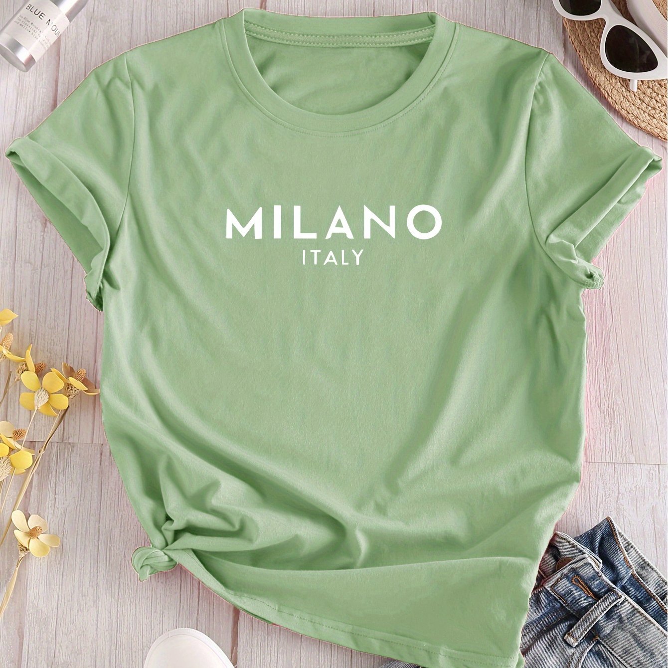 Milano Italy print women's T-shirt with short sleeves, crew neck, knit polyester blend, slight stretch - Spring/Summer/Fall collection.