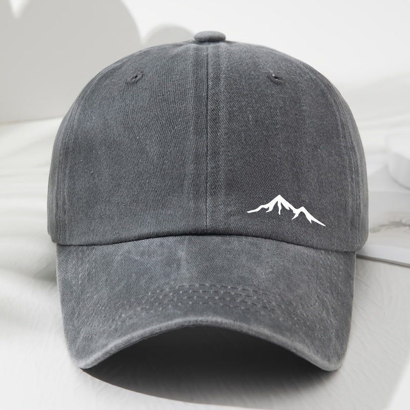 Retro baseball cap with mountain view print, soft top dad's hat, sun protection, ideal for sports, fishing, picnic, and camping.